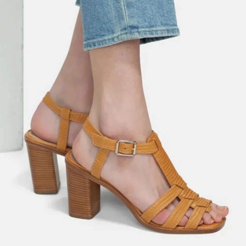 Theory Multi Band Leather Block Heels Lizard Print Sandals Size 36 Gold 5.5